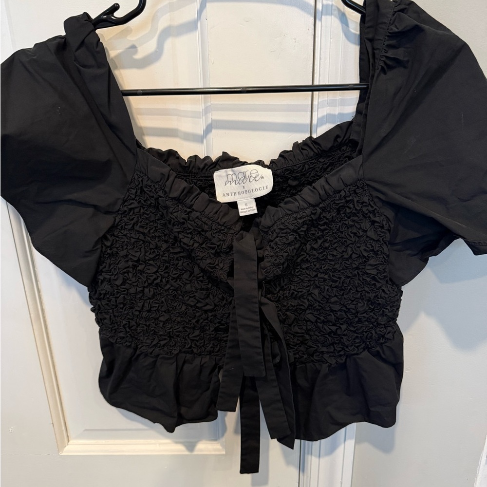 Anthropologie Black Smocked Blouse